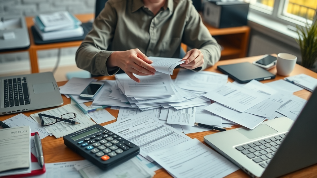Organized individual collecting and sorting tax documents for IRS tax problems FAQ