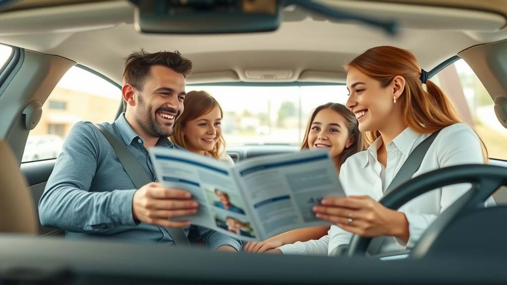 Happy Tennessee family receiving auto insurance coverage advice from agent in bright insurance office