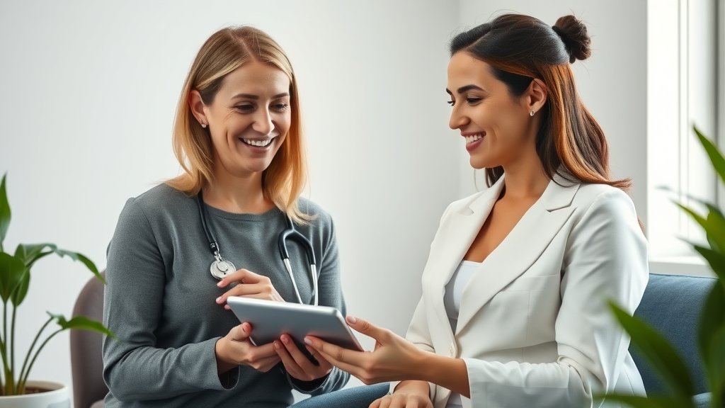 Friendly practitioner consulting patient about non-invasive fat reduction options in modern clinic