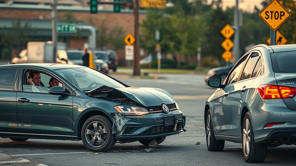 Auto insurance coverage Tennessee illustrated by a brightly lit car accident scene with concerned drivers at crossroads in an urban Tennessee setting