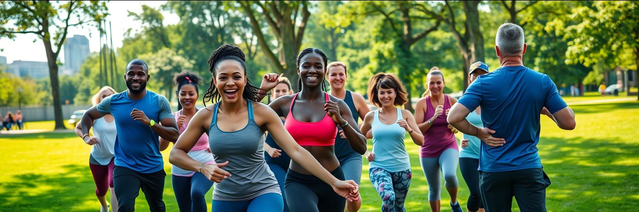 Adults in Memphis enjoy a safe weight loss program outdoors in a group fitness class.