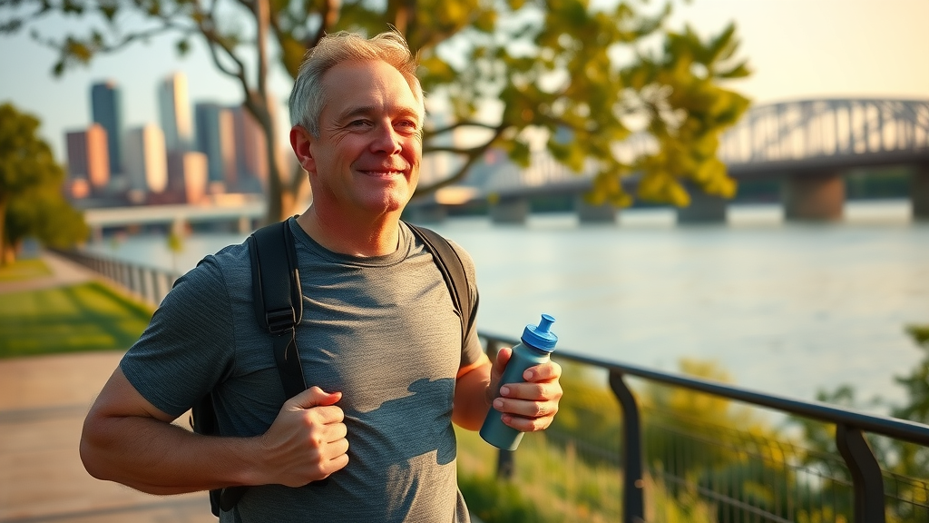 Happy man following safe weight loss program Memphis walking near Mississippi River