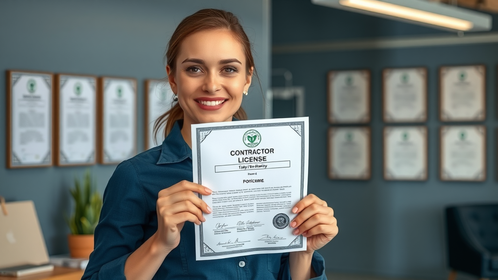 Choosing a general contractor with trustworthy female contractor holding license certificate