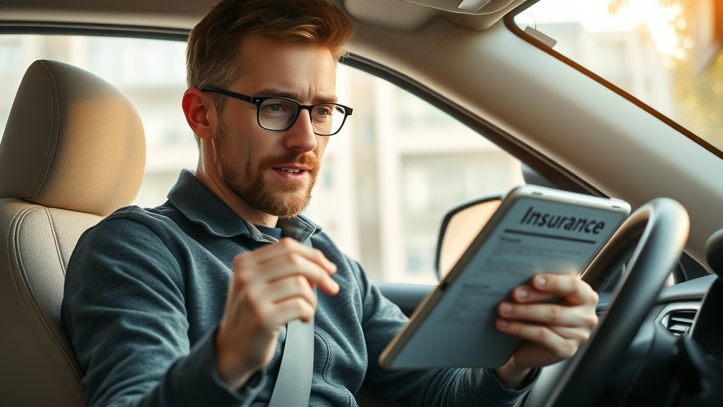 Driver thoughtfully reviewing auto insurance coverage Tennessee policy on tablet in home environment