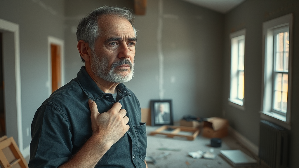 Choosing a general contractor showing disappointed homeowner looking at poor renovation work