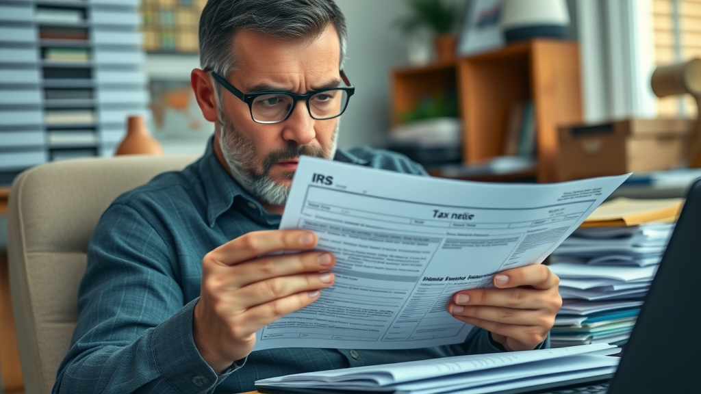 Worried taxpayer reviewing overdue IRS tax notice indicating IRS tax problems FAQ