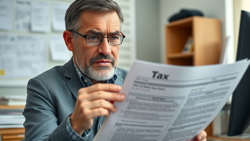 Resolving IRS tax issues: concerned taxpayer reviewing tax documents