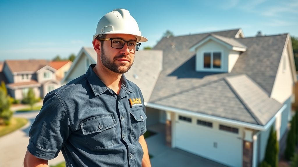 Experienced roofing contractor inspecting new suburban roof for quality assurance