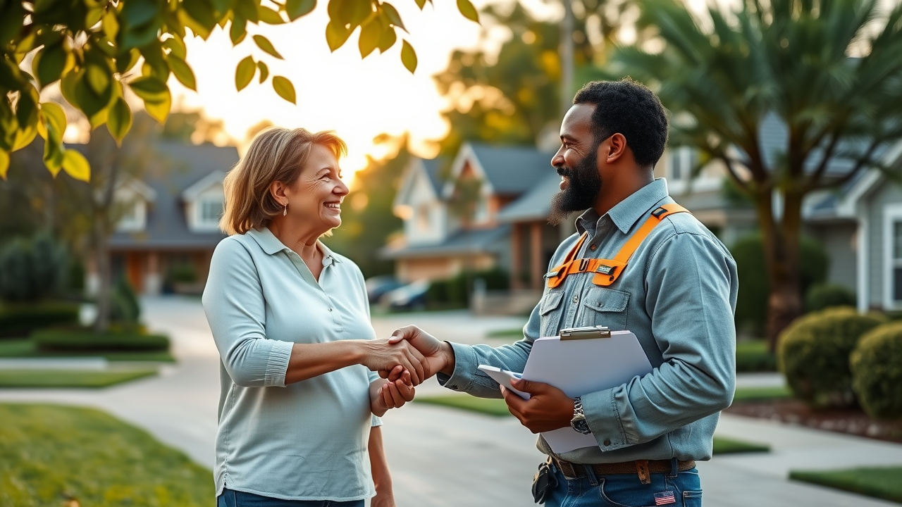 Homeowners meet trusted roofing contractor after new roof installation 