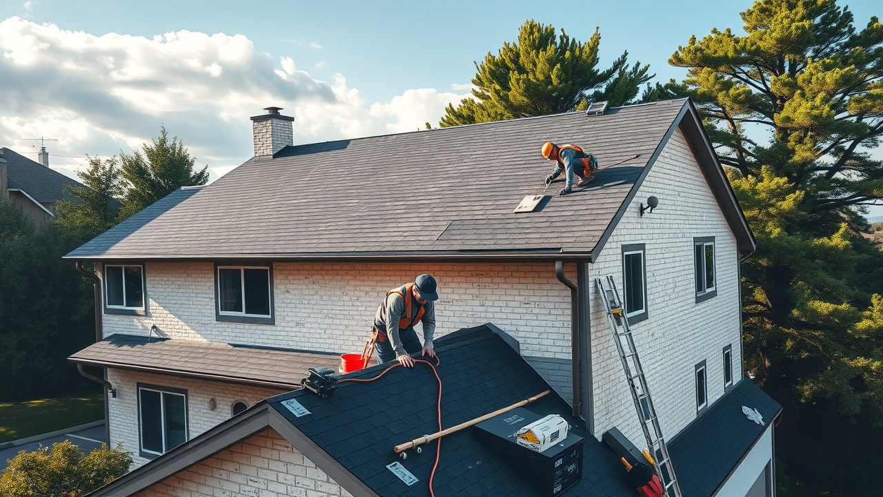 Roofing contractor team expertly installing modern roof on large family home