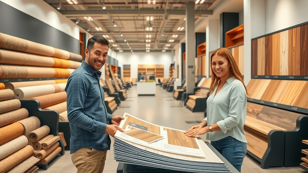 Carpet, hardwood, and tile store interior with friendly consultant guiding customers
