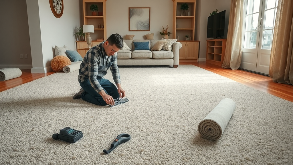 Flooring expert professionally installing carpet in a modern living room