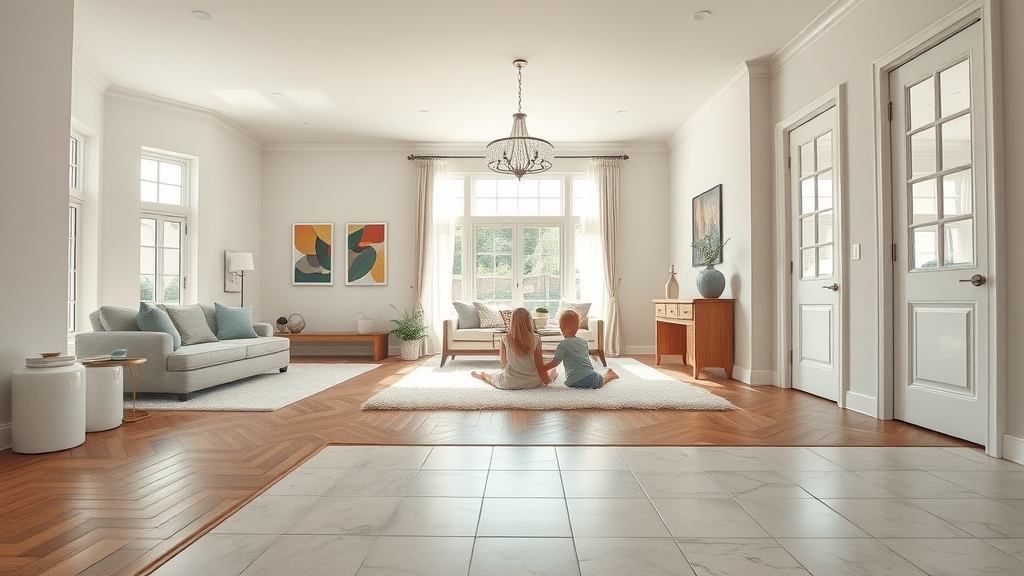 Stunning home with carpet, hardwood, and tile flooring in open, sunlit space