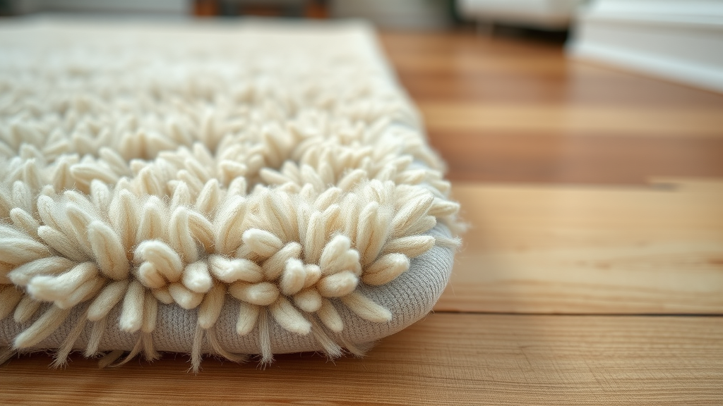 Close-up of new carpet rug with bound edges over hardwood and tile flooring