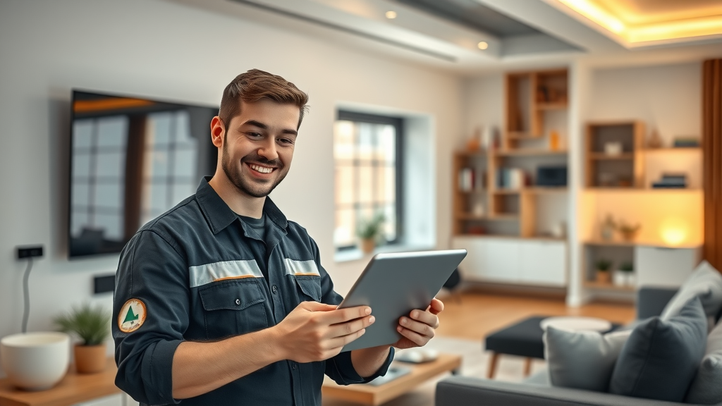 Technician installs TV and configures home automation in modern living space