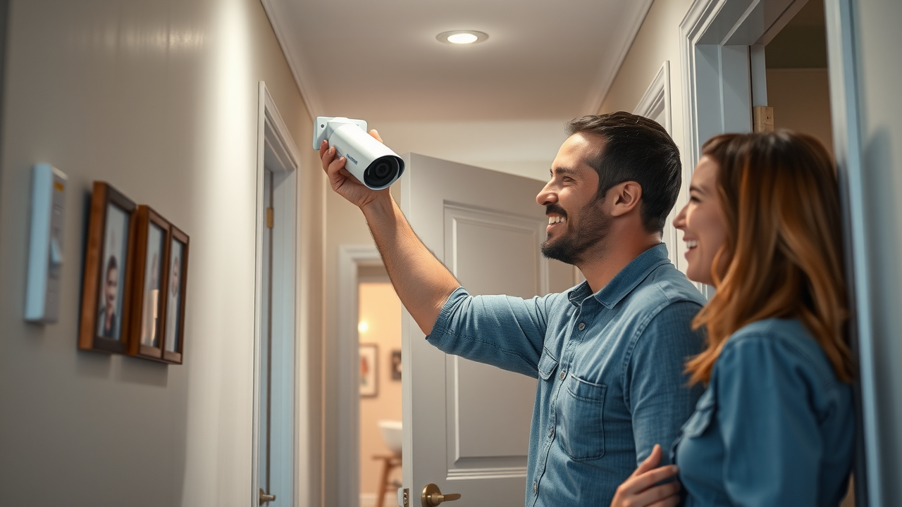 Technician mounts security camera as part of TV mounting &amp; technical solutions