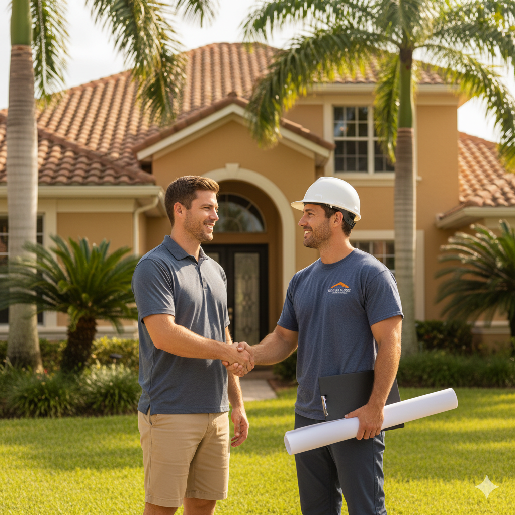 Tampa Bay roofing contractor with a home owner in front of home