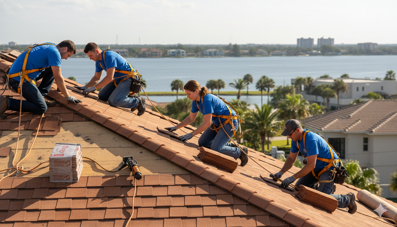 Roofing Contractors in Tampa Bay working on a roof repair