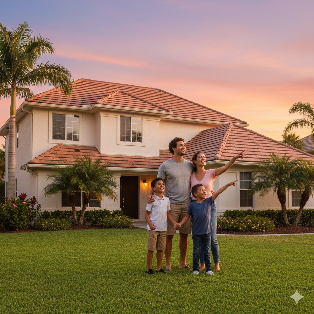 Tampa Bay family in front of their new home with a new roof.