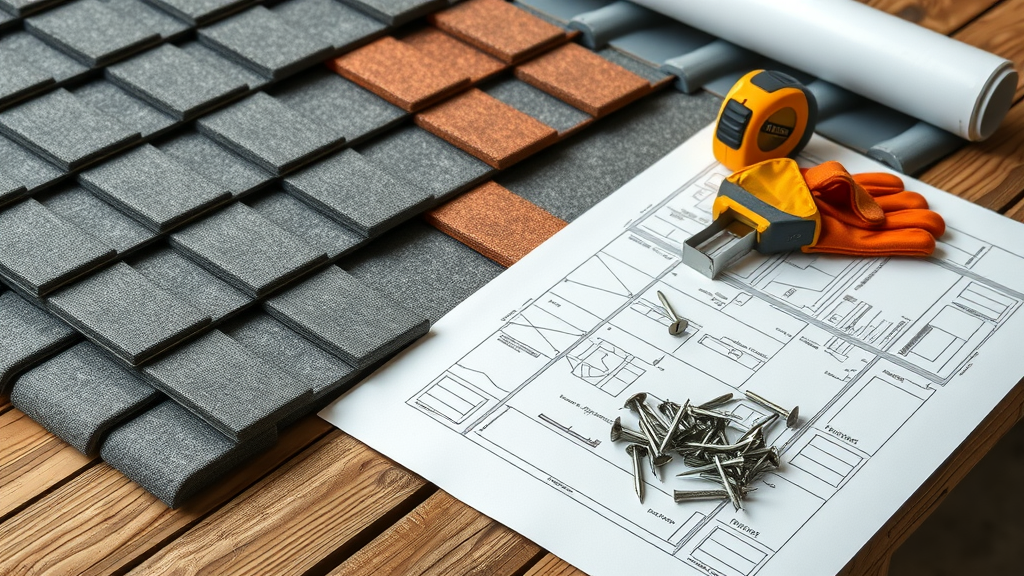 Detailed close-up of roofing materials and tools for roof installation in Tampa Bay, neatly arranged on a wooden workbench, showing shingles, tiles, metal and work gloves, photorealistic macro lens.